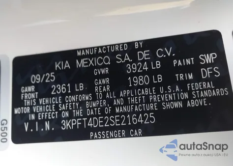 2025 Kia K4 Lxs из США, поврежденный, VIN 3KPFT4DE2SE216425